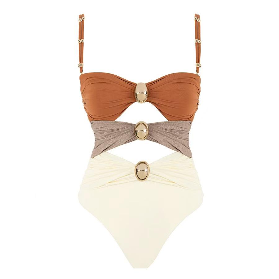2025 European Gold-Plated Cutout One-Piece Swimsuit for Women - Color Block Design