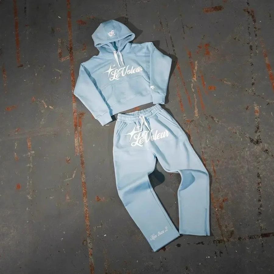 European and American Retro Printed Hoodie Men's High Street Design Sense Casual Sports Suit Loose Versatile Casual Pants
