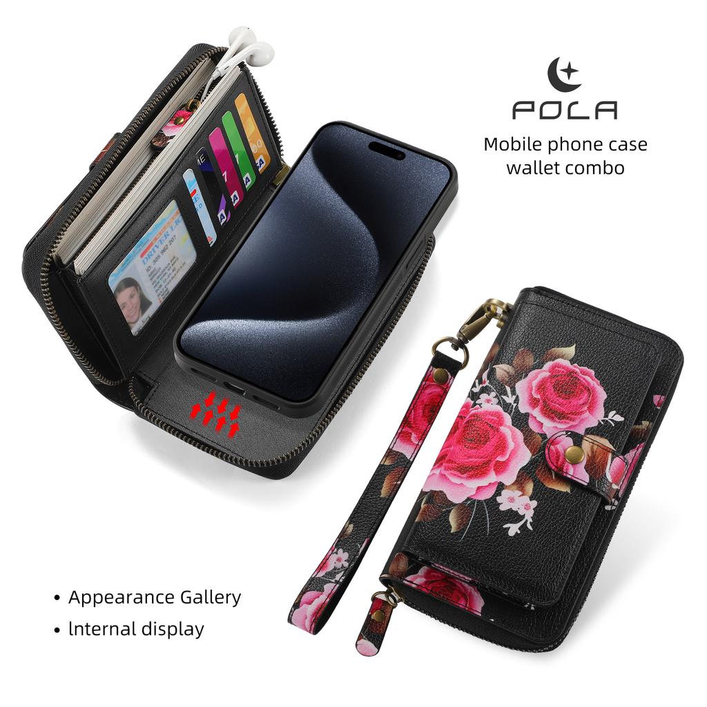 Integrated Phone Case Wallet and Case with Floral Design, Suitable for iPhone15, 15Pro, 15Pro Max, iPhone16, 16Pro, 16Pro Max