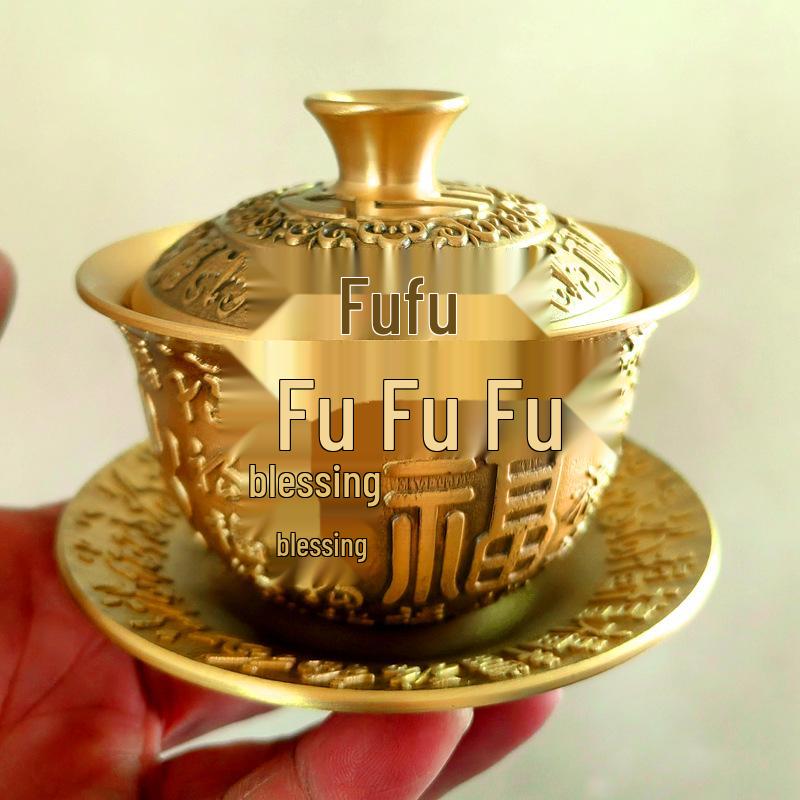 Antique Brass Teacup Set: Dragon & Phoenix Motif with Bronze Ornaments, 3-Piece Collection