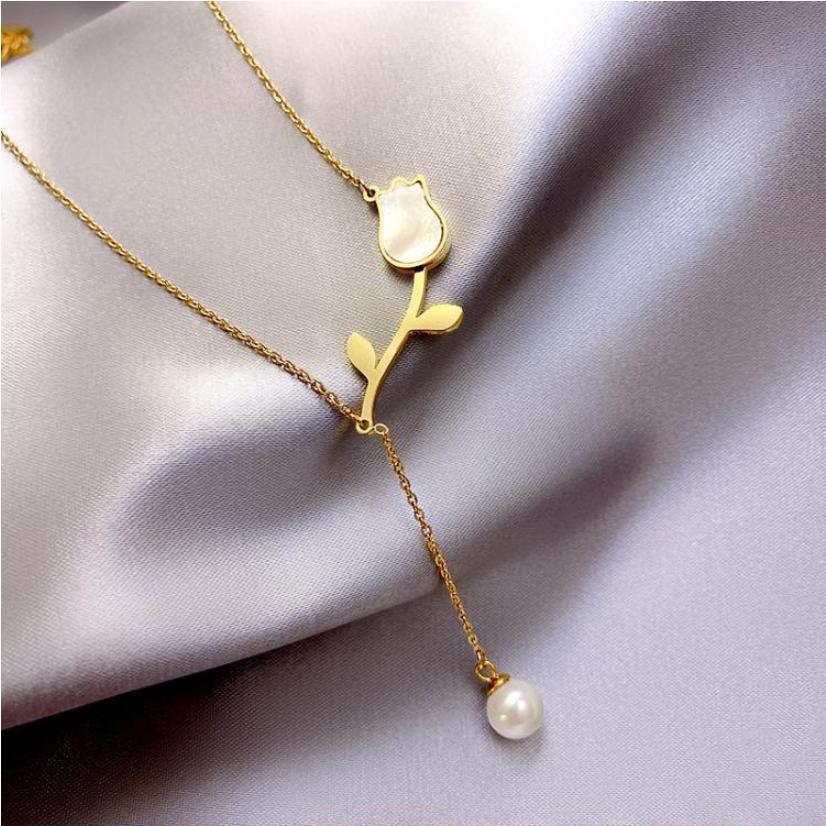 316L Stainless Steel New Fashion Upscale Jewelry Shell Pearl Tassel vintage Tulip Charms Chain Choker Necklace Pendant For Women