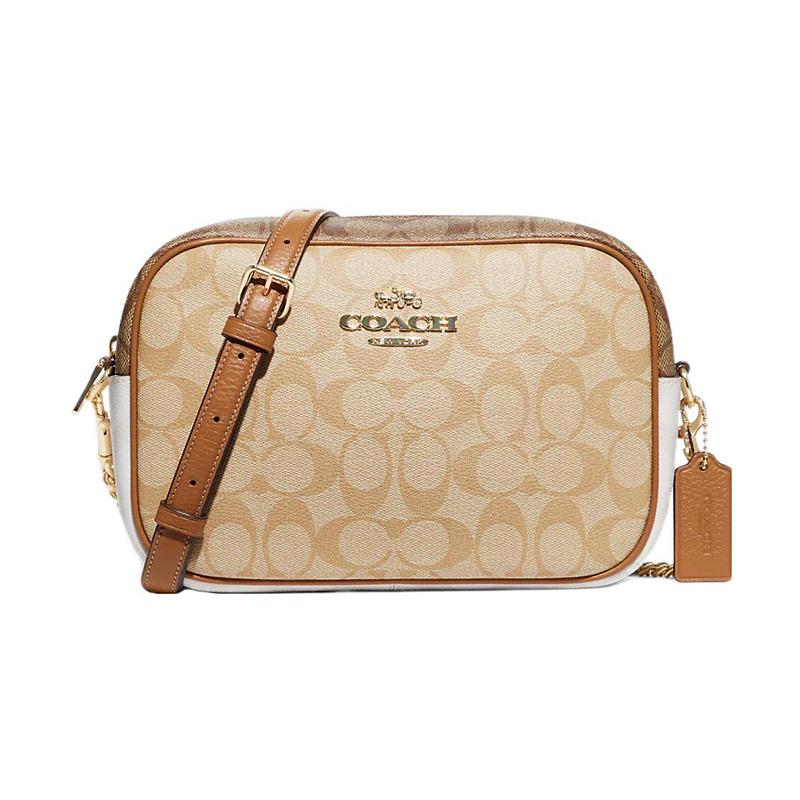 

COACH shoulder bag Jamie 24 classic presbyopic color block zipper canvas with leather and refined pebbled leather camera crossbody medium size women s коричневий