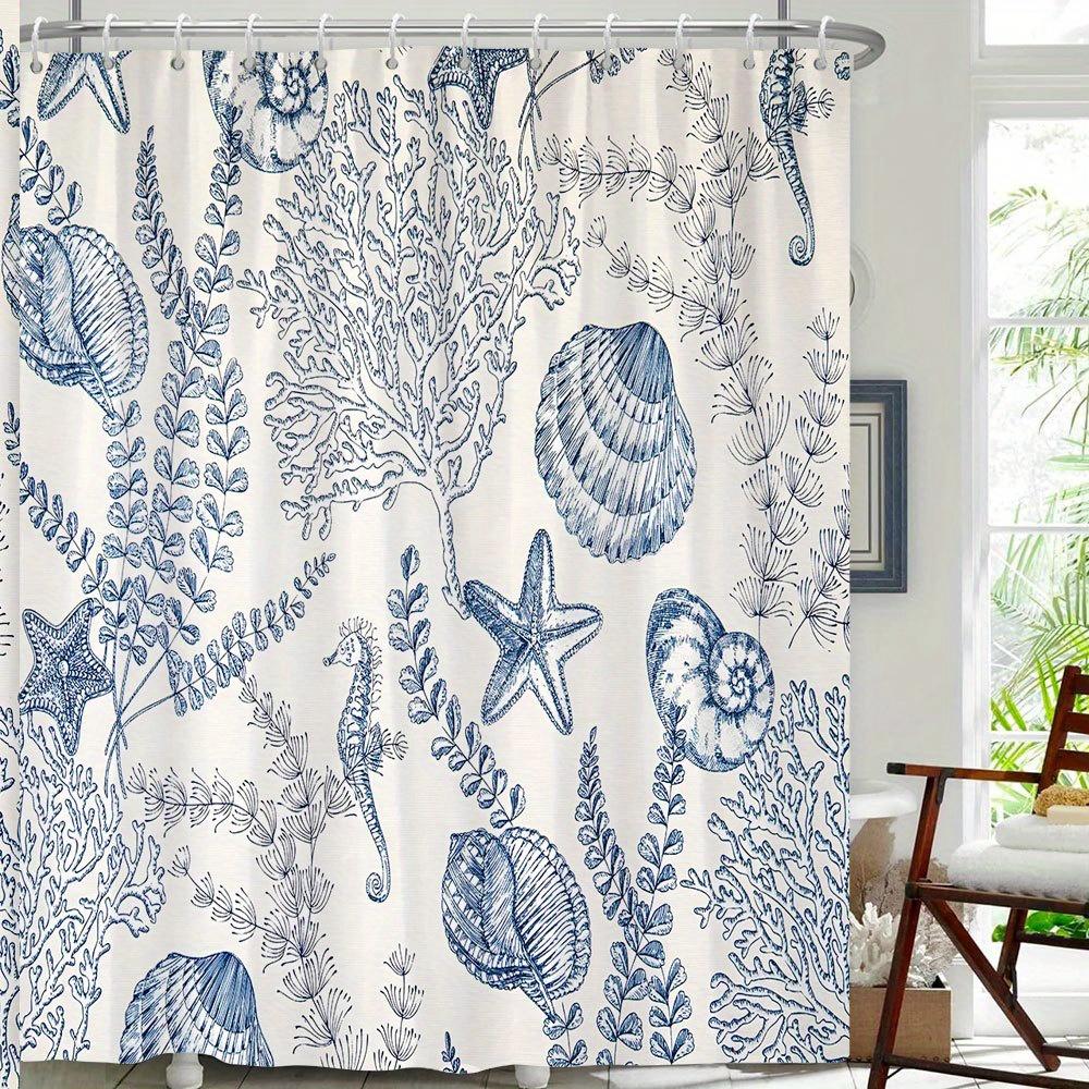 1 blue and white sea creature shower curtain with starfish, shells, seaweed and corals, vintage nautical style, with hooks