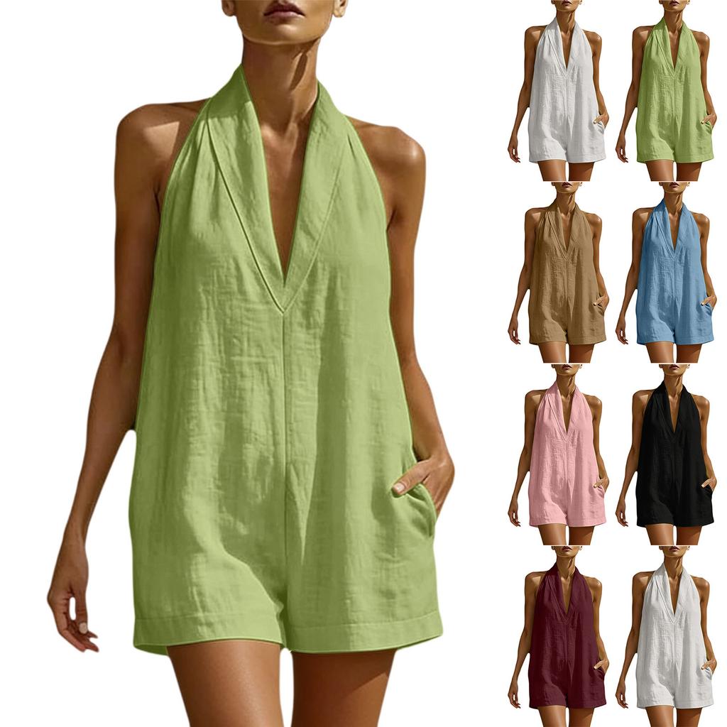 Women’s Sleeveless Neck V Neck Loose Fit Jumpsuit with Pockets Casual Solid Romper for Summer