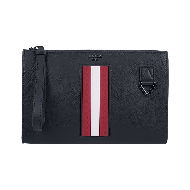 Bally Red And White Striped Letter Logo Business Casual Zipper Leather Wallet Commuter Clutch Bag Large Men wallet Black 6238757 Basic Set (Bag+Dust Bag)