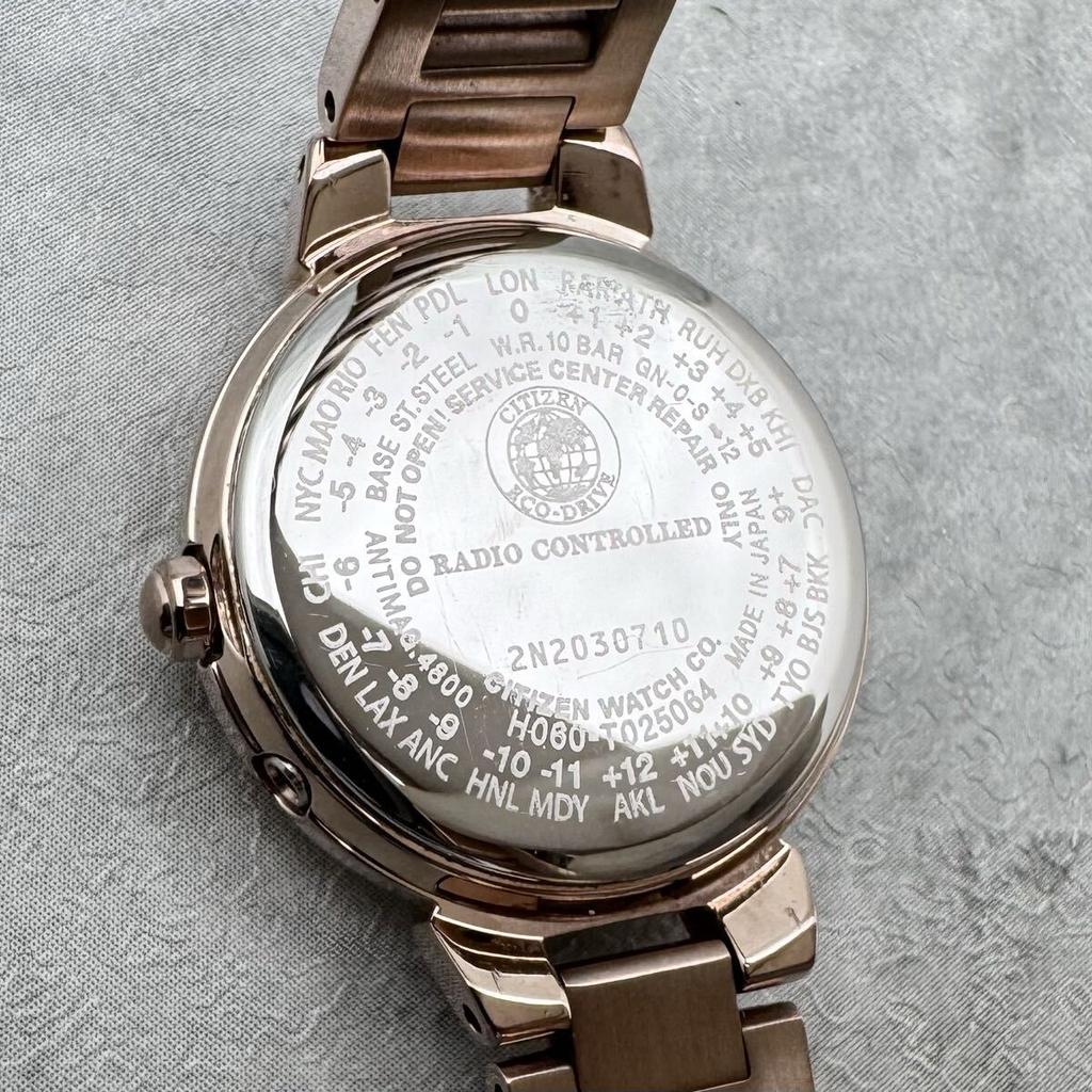 CITIZEN xC Cross Sea Pink Gold Silver Dial Watch Radio Solar Roman Numerals Ladies ES9435-51A Eco-Drive