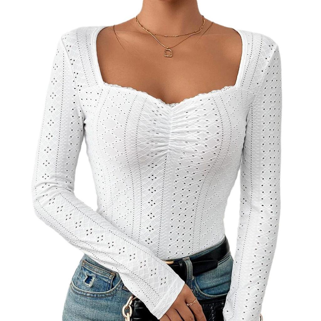 2023 European & American Sweetheart Collar Embroidered Eyelet Pleated Bust Lace T-Shirt for Women