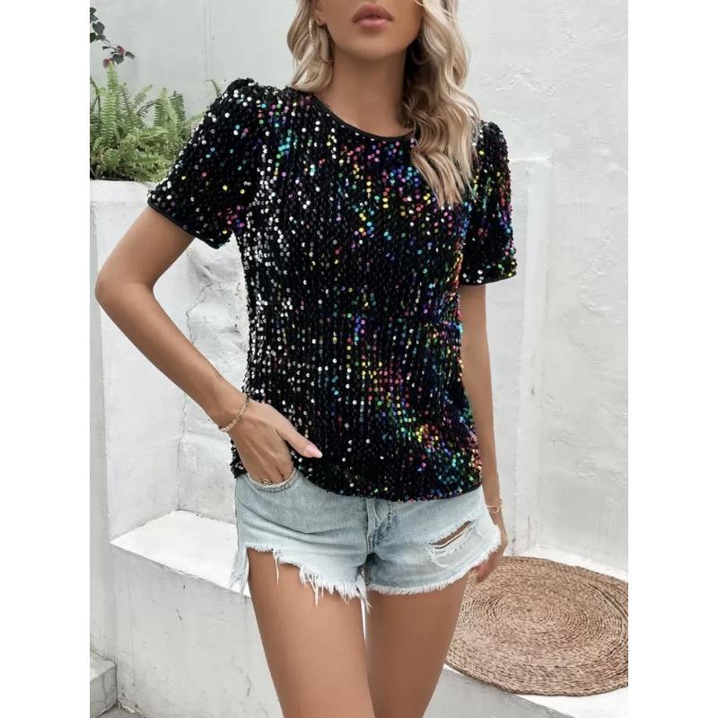 Sequined Crew Neck Summer Women Blouse Commuter Loose Short Sleeved Top Women's Casual Elegant T-shirt Fashion Simple Streetwear Sweet Simple Shirts