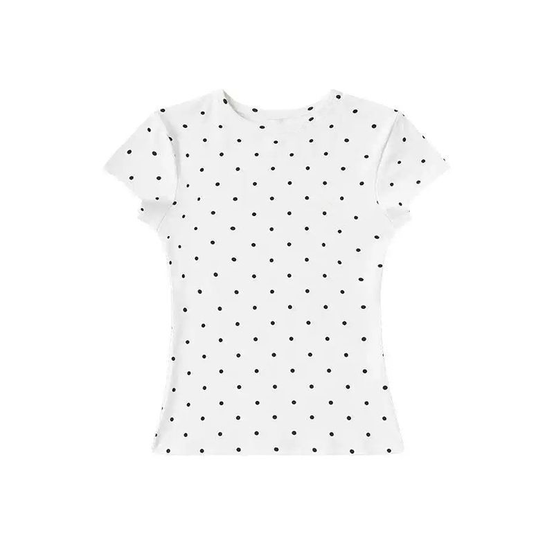 Women Polka Dot Short Sleeve T-Shirt 2026 Summer New Korean Style Crew Neck Slim Fitted Casual Short Top Tees