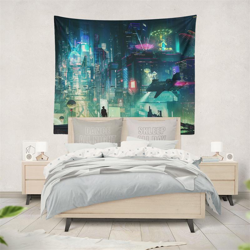 Aertemisi Cyberpunk Stadt Neon Futuristisch Ästhetik Tokio Japan Japanischer Anime Wandteppich Wandbehang Kunst für Schlafzimmer Wohnzimmer