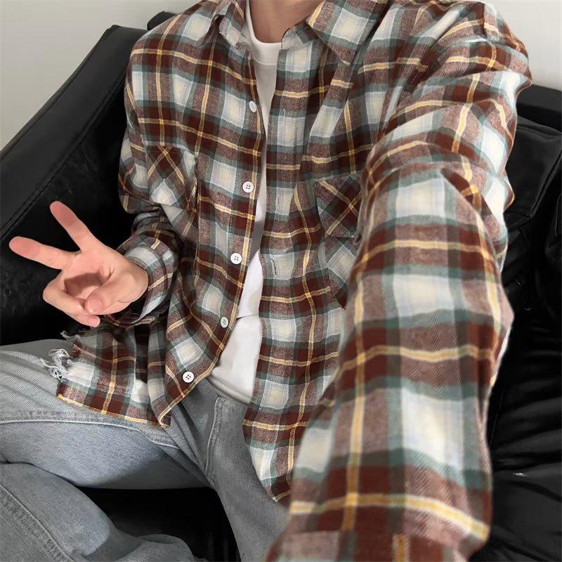 Men's Summer Long Sleeve Retro Plaid Shirt: Versatile, Trendy, and Loose-Fit