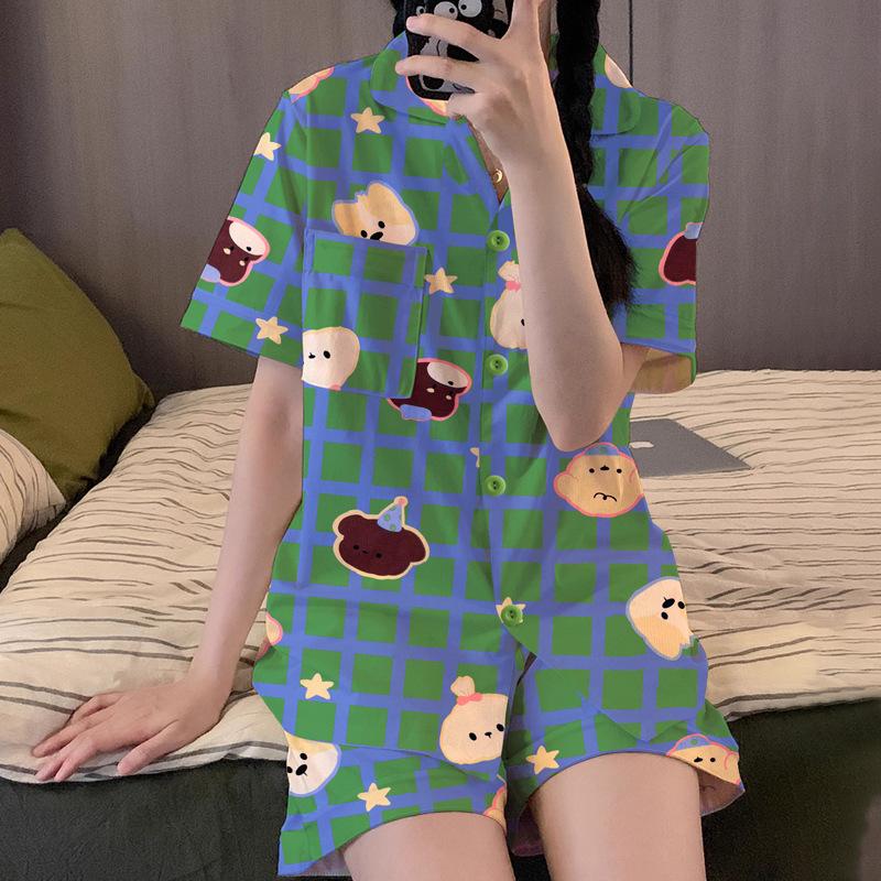 

Пижама женская летняя нишевая мультяшная для дома с принтом медведя и зеленой клеткой 2XL