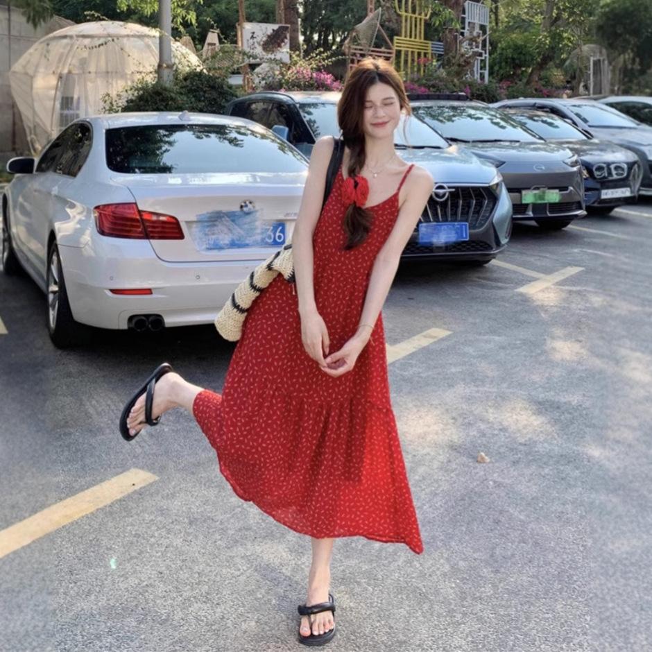 French retro suspender dress women's summer red floral gentle temperament waist medium and long seaside vacation dress