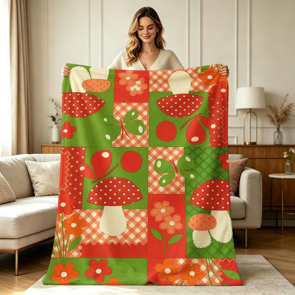 Soft Warm Flannel Throw Blanket with Cute Mushroom Floral Butterfly Patchwork Print All Season Lightweight Cozy Blanket for Sofa Couch Bed Office Livi