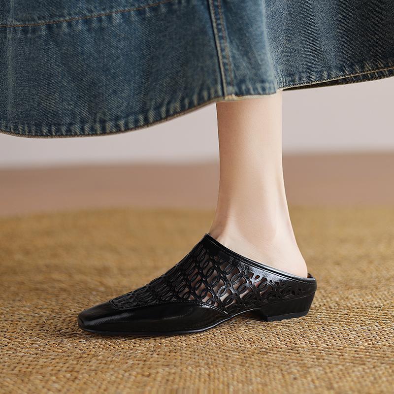 Fashion 2025 New Summer/Spring Women Mules Split Leather Women Shoes Square Toe Chunky Heel Shoes Cover Toe Women Sandals Soft Shoes
