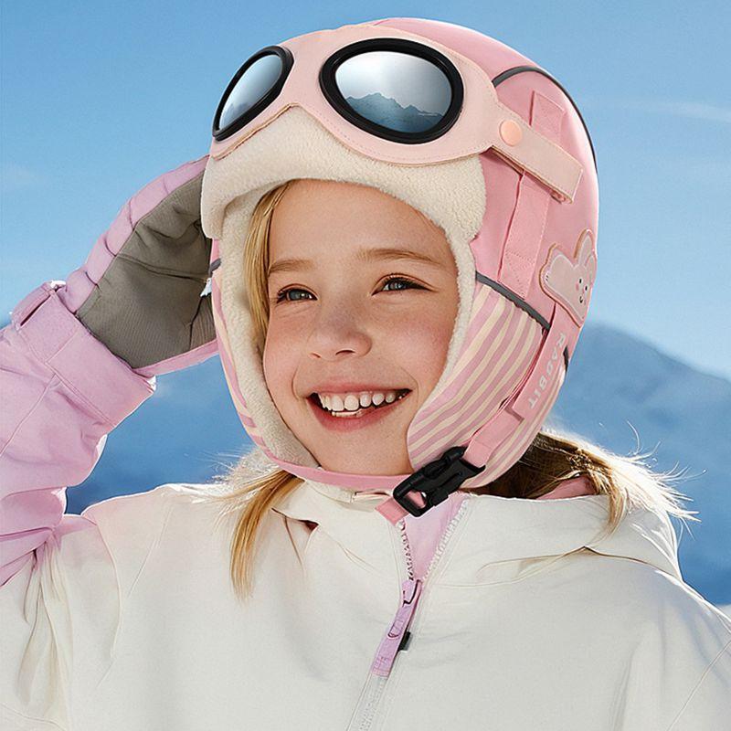 Children's Winter Pilot-Style Thickened Fleece-Lined Balaclava Hat with Goggles Ski Hat