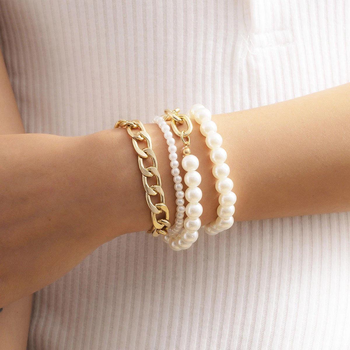 Bohemian Faux Pearl & Cuban Chain Multi-Layer Bracelet Set