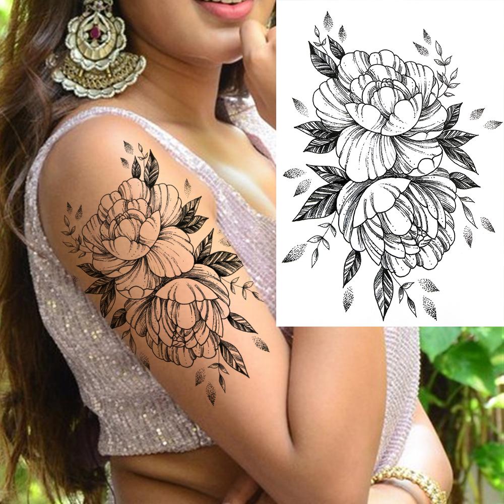Owl Bird Temporary Tattoos For Women Fake Peony Flower Tattoo Sticker Black Body Art Drawing Tatto Diamond Crystal Jewelry Tatoo