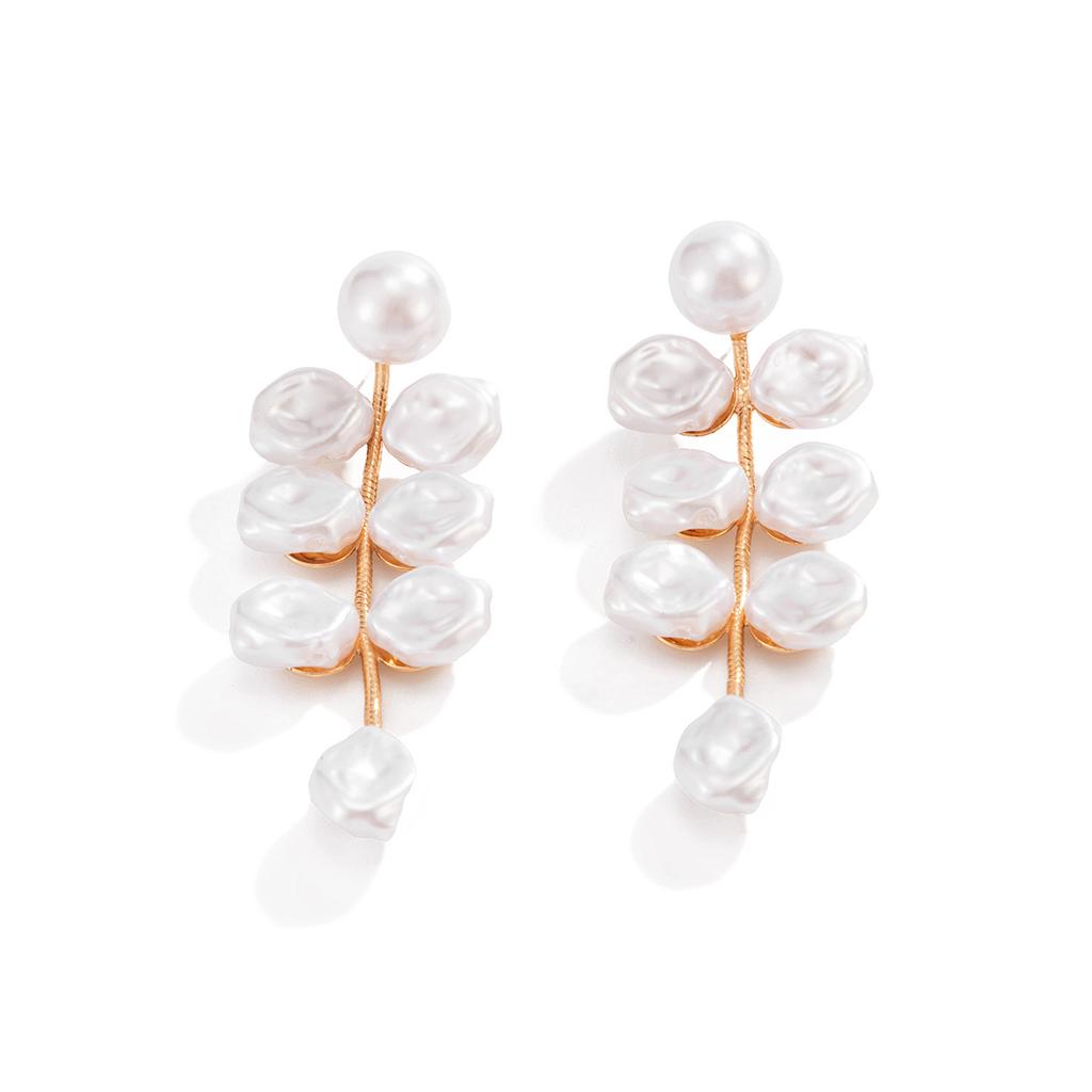 Design Sense High-end Geometric Round Drop Ball Earrings Sweet Style Imitation Pearl Leaf Shape Earrings Women