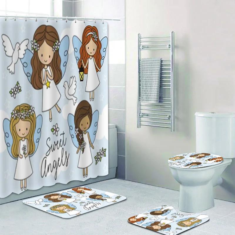 Watercolored Cute Angels Cherub Curtain Shower Curtains Set Floral Cupid Angel Wings Fairy Bathroom Curtain Set Mats Home Decor