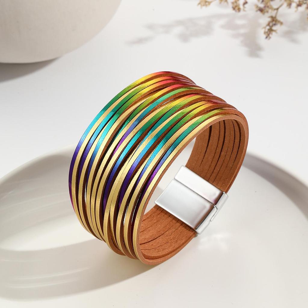 Gradient Multi-Strand Men's and Women's Bracelet with PU Leather Cord and Magnetic Clasp.