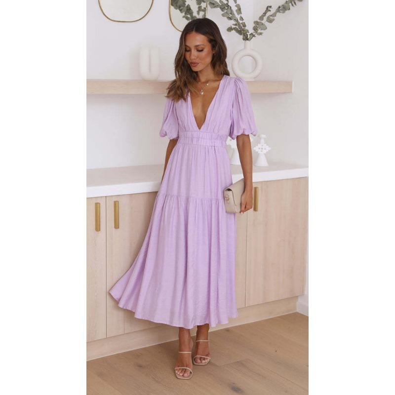 2025 Summer Deep V-neck Puff Short Sleeve Fashion Women Dress New Elegant Solid Color Loose Party Medium and Long Dress Women Slim Fit Women Clothing