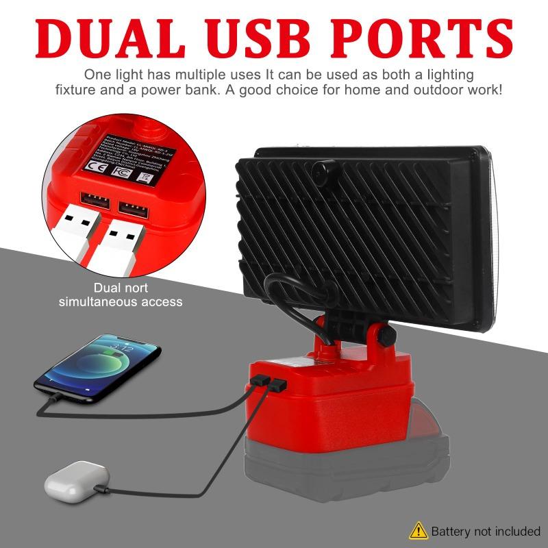Cordless Floodlight Portable LED Work Light with Dual USB Ports for Makita/Milwaukee/DL 18V/20V Batteries for Outdoor Camping