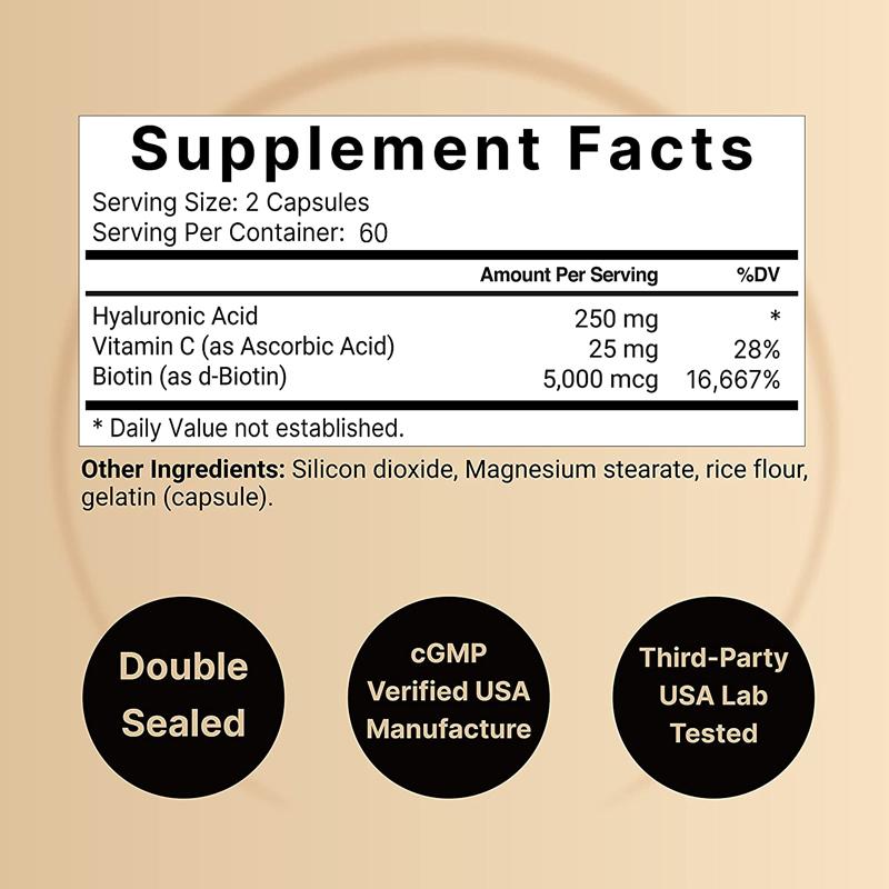 Integratore Alimentare di Acido Ialuronico, Con Vitamina C, Biotina, 120 Capsule Per Flacone