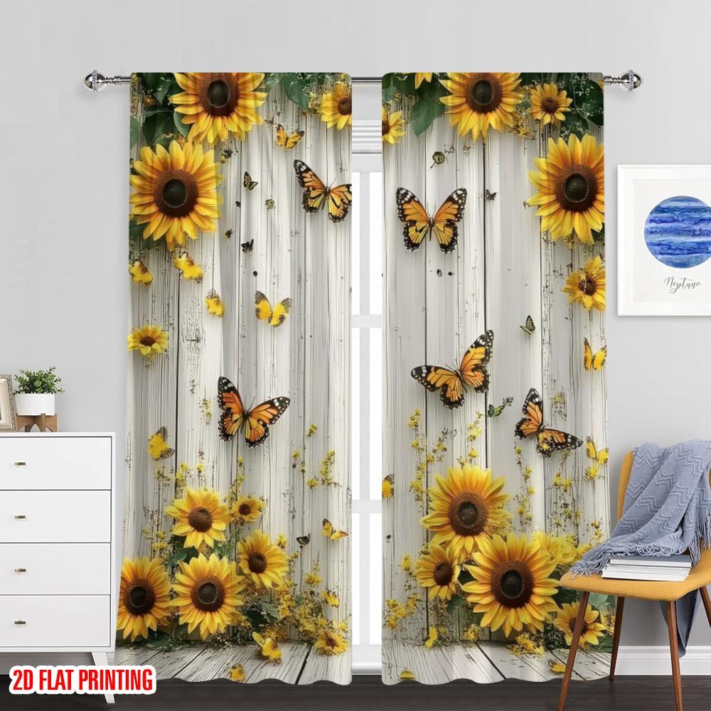 Flat Printing Window Drapes Butterflies Sunflowers Polyester Without Electricity Wall Decor Applies Festive Curtains Set Of 2 Made