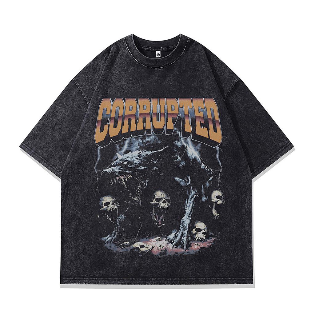 Heavy Weight Cotton Short-Sleeved T-Shirt High-Quality Digital Direct Injection Printing Half-Sleeved Washed Vintage T-Shirt