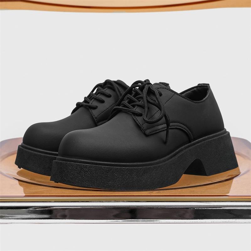 New couple big head black casual leather shoes niche low-top thick sole heightening men's shoes Z100