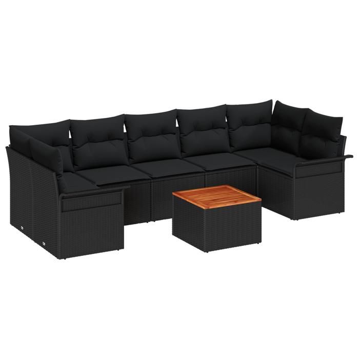 Set de Canapé de Jardin 8 pièces avec Coussins Noir Poly Rattan Acacia, Canapé de Jardin 2 places avec Rangement et Coussins 3355965