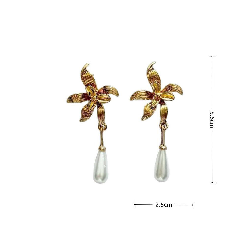 Koreanische Metall-Blumen-Perlen-Quasten-Hängeohrringe - Damen Retro High-End Vielseitiger Stil
