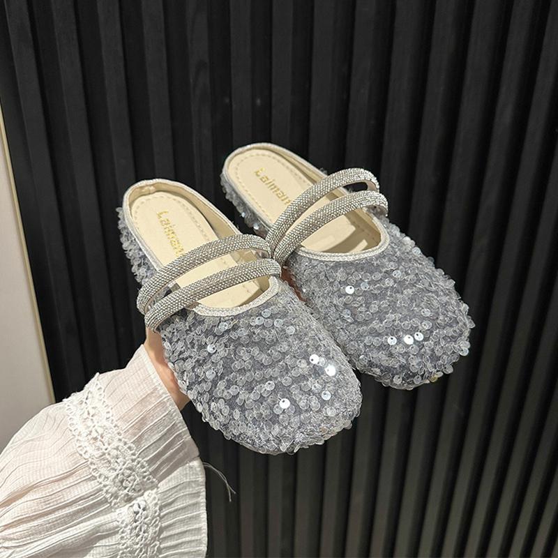 Fashion Glitter Slides Shoes Woman 2024 Slippers Flat Low Female Mule Pantofle Cover Toe Jelly Mules New PU Bling Crystal Rubber Rome Ho