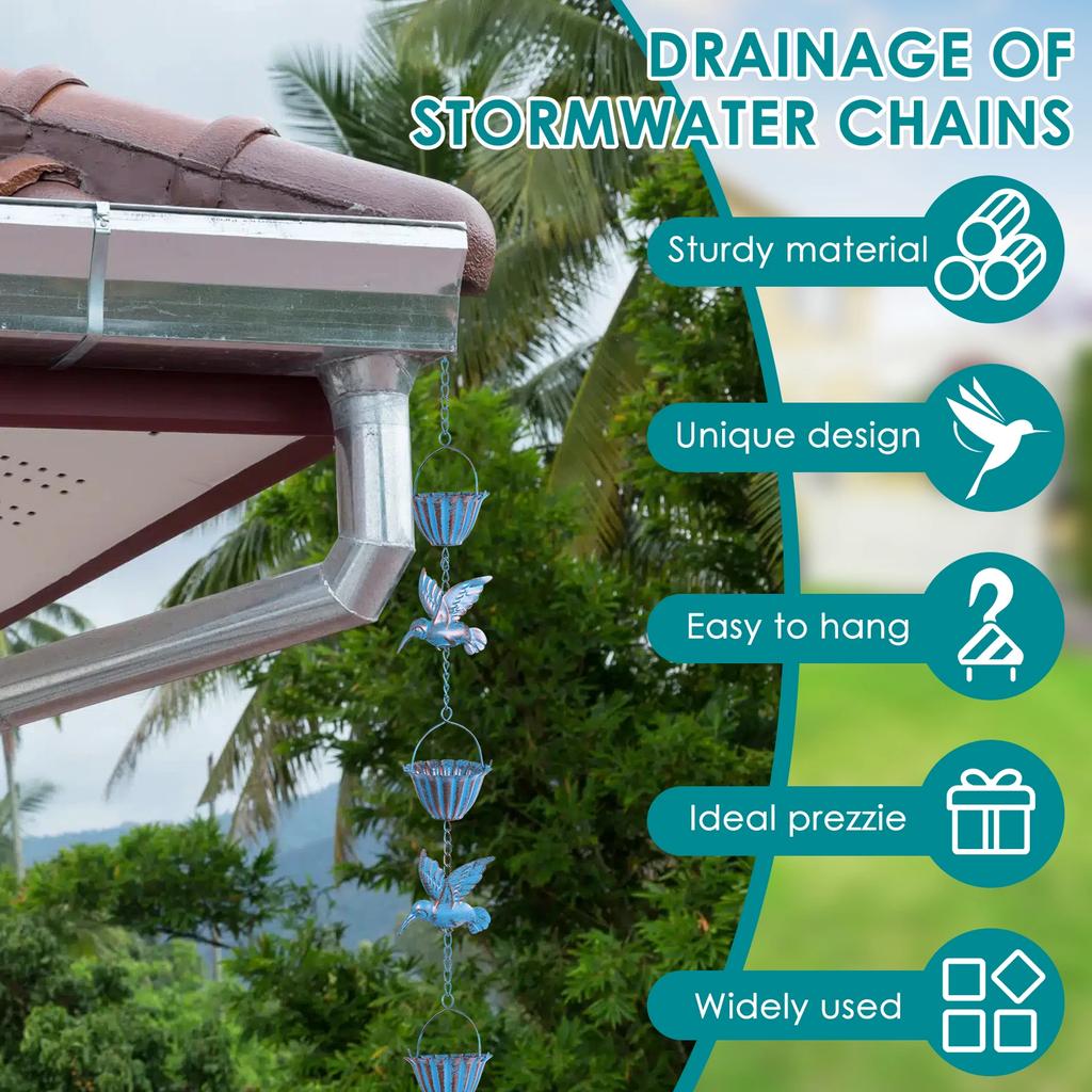 Hummingbird and Cup Rain Chain Metal Rain Catcher Chain For Gutter Roof Decoration Metal Drainage Rain Chain Outdoor Garden Deco