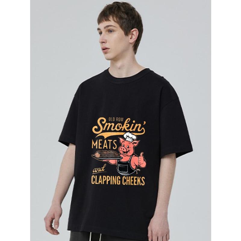 Crewneck T Shirt Black Smokin Meats and Clapping Cheeks Pig Chef Graphic Print Casual Wear for Men and Women