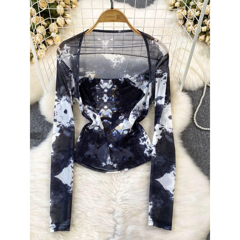 Long Sleeve Square-Neck Tie Dye Mesh Sunscreen Slim Fit Fake Two-Piece
