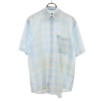 Camisa de Manga Curta com Botões para Homem Usada Mistura de Linho Padrão Xadrez Antigo Anos 90