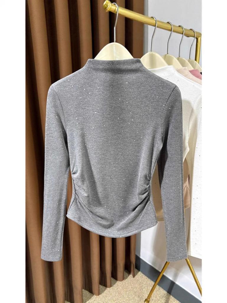 Women's Black Thermal Fleece Slimming Long-Sleeve Top with Half-High Neck - Stylish Base Layer for Autumn/Winter