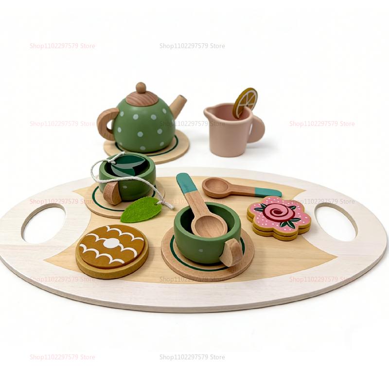 Wooden Tea Set for Little Girls Play Food Pretend Play Kitchen Accessories for 3-5 Years Old Girls and Boys Tea Time Party Toys
