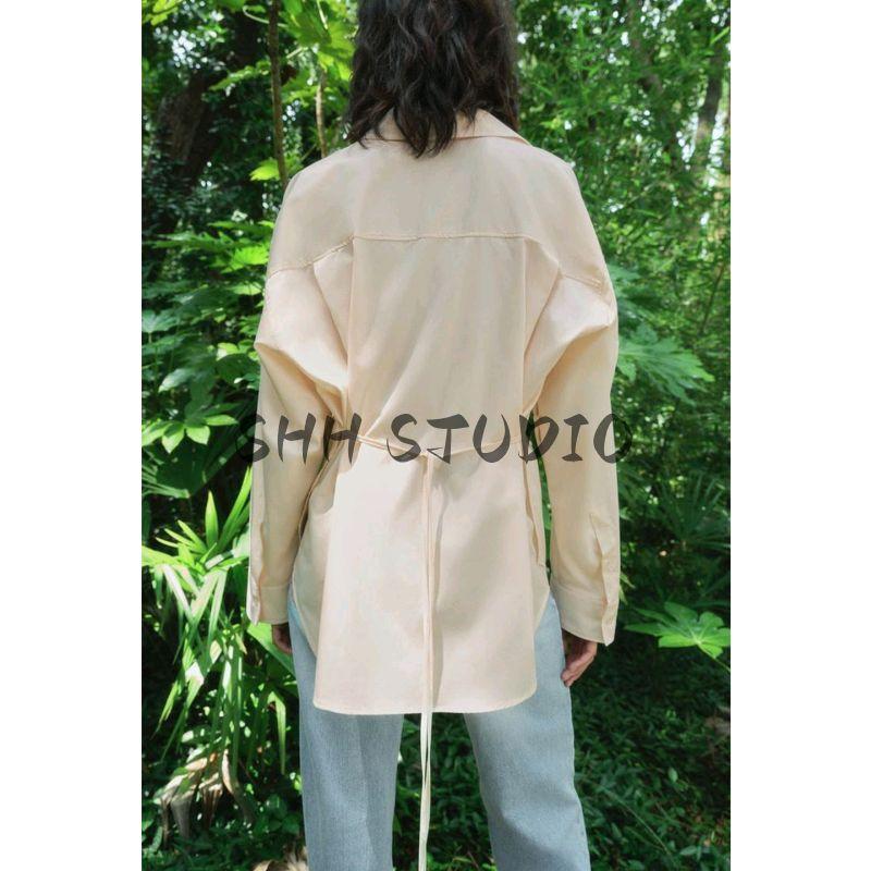 Fall New Women's Clothing Drop Shoulder Design Flap Collar Pure Color Bows Loose Long Sleeves Shirt 3067042