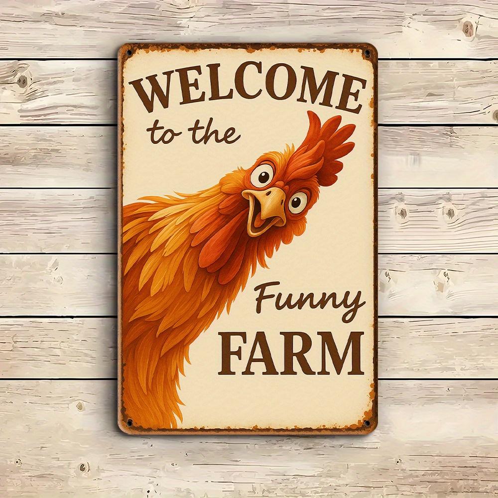 "Welcome to the Funny Farm" Rooster Sign - 8x12 Inch Vintage Metal Decor for Coop & Garden