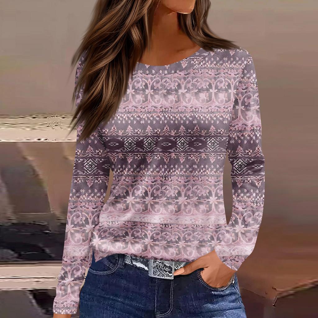 Damska modna, swobodna, rozcięta na dole, okrągły dekolt, długi rękaw, luźny, nadrukowany T-shirt