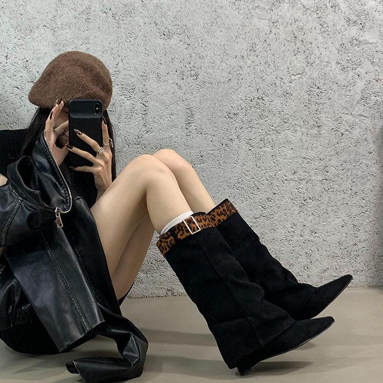 French two-wear boots women's pointed boots 2025 autumn and winter new slope heel boots but knee mid-tube pants tube boots