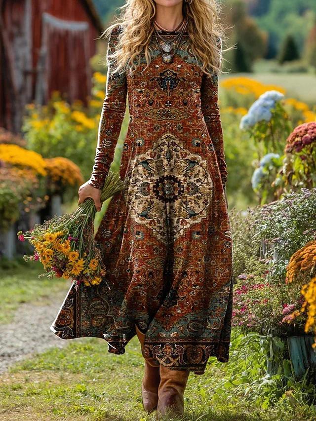 Women's Mid-Length Bohemian Retro Print A-line Dress for Holidays