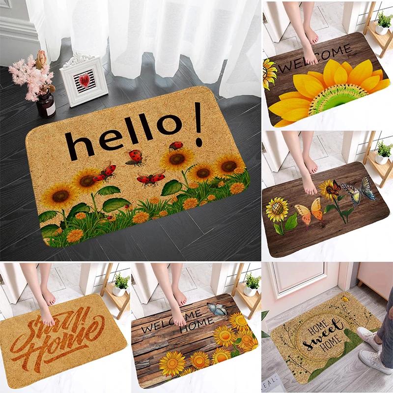 Sunflower Pattern Door Mat with Hello and Welcome Quotes, Natural Coir Rug, Non Slip Entrance Mat for Home Decor and Porch