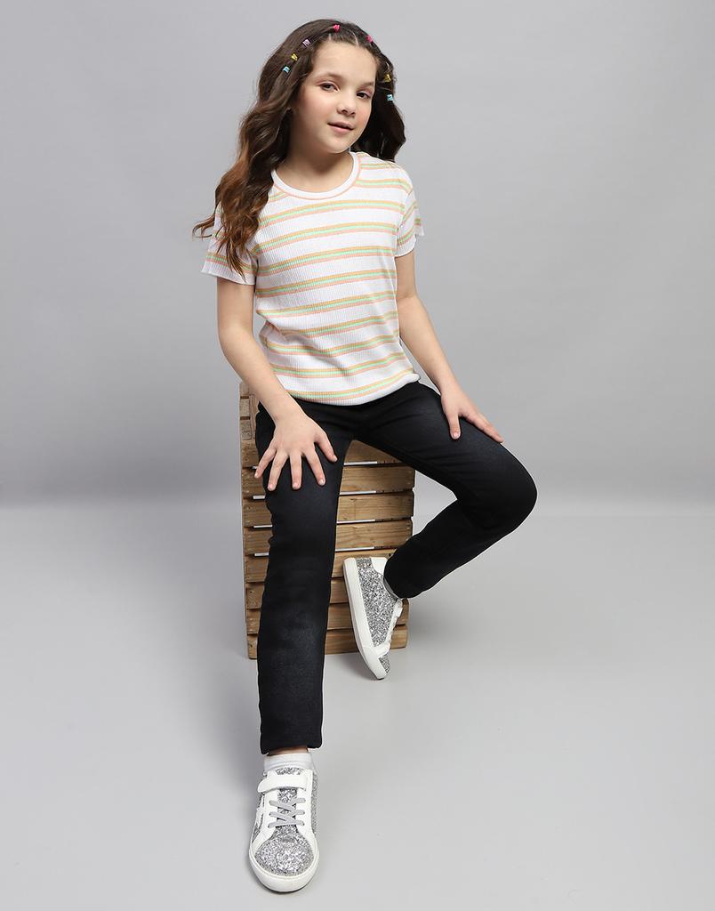 Monte Carlo Girls Orange Striped Round Neck Half Sleeve Top