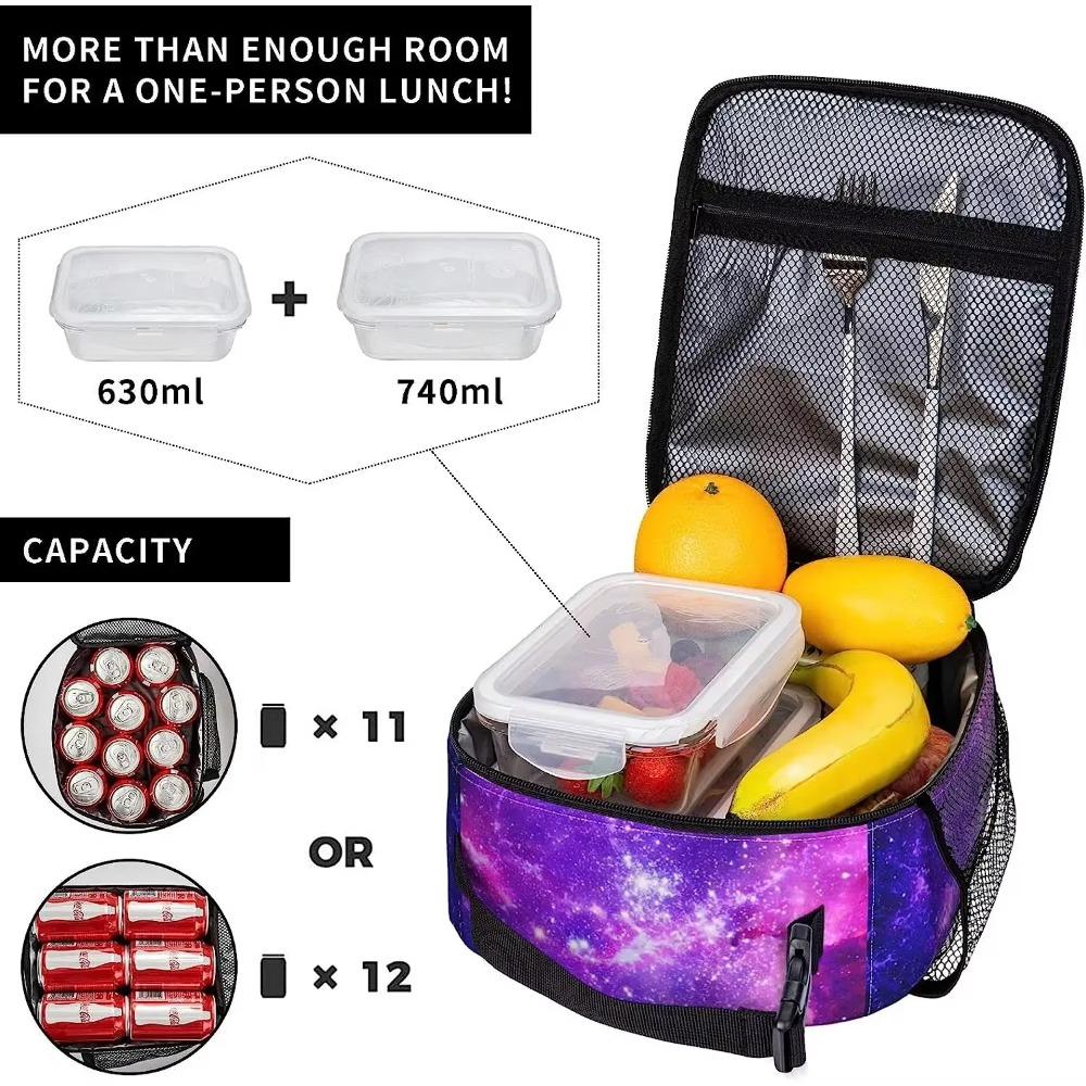 Purple Galaxy Print Lunch Box Reusable Portable Insulated Lunch Bag Bento Tote Cooler Bag for Office Work School Picnic Travel