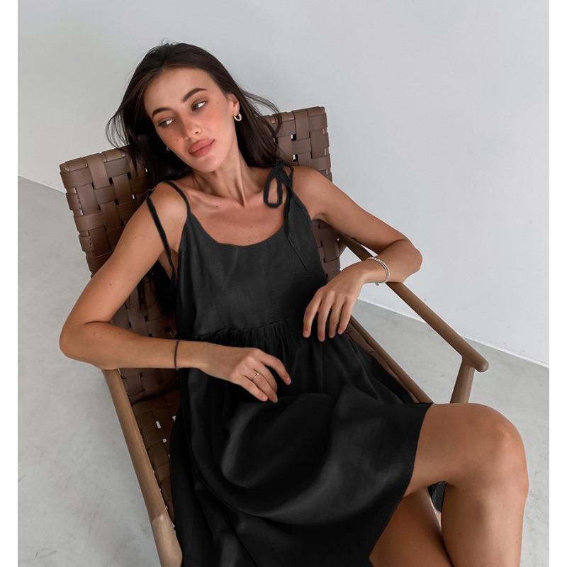 Ärmelloses Sommerkleid Locker A-Linie Mini Kurz Süße Mode Damen Spaghettiträger Partykleid Einfarbige Krawatte Rüsche Lässig Locker Falten Sommerkleid
