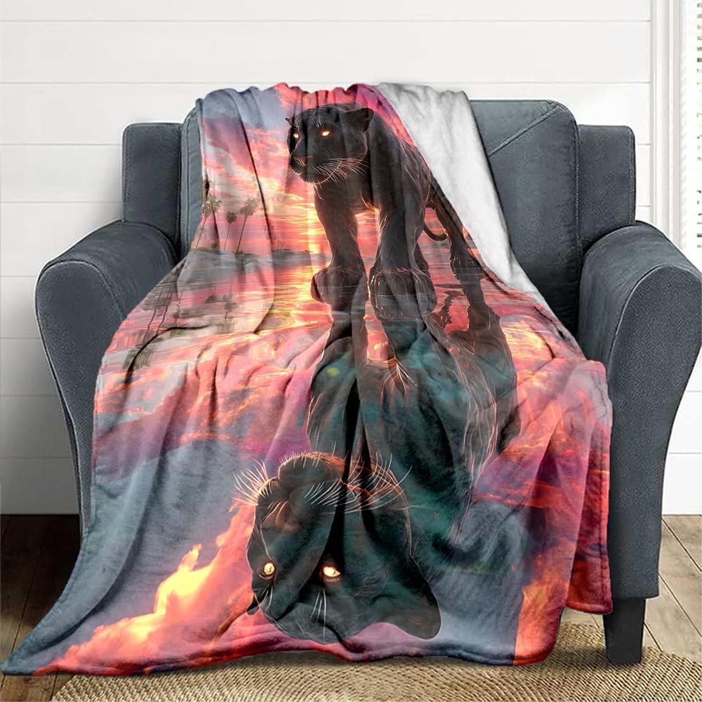 1pc Panther Reflection Sunset Blanket Lightweight Flannel Blanket Throw Blanket For Sofa, Bed, Travel, Camping, Livingroom, Office, Couch, Chair, And